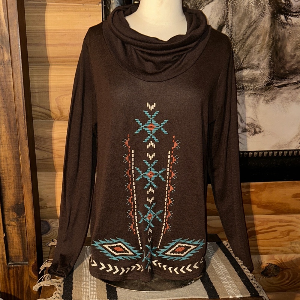 Roper Brown Cowl Neck Sweater with Turquoise & Rust Embroidery